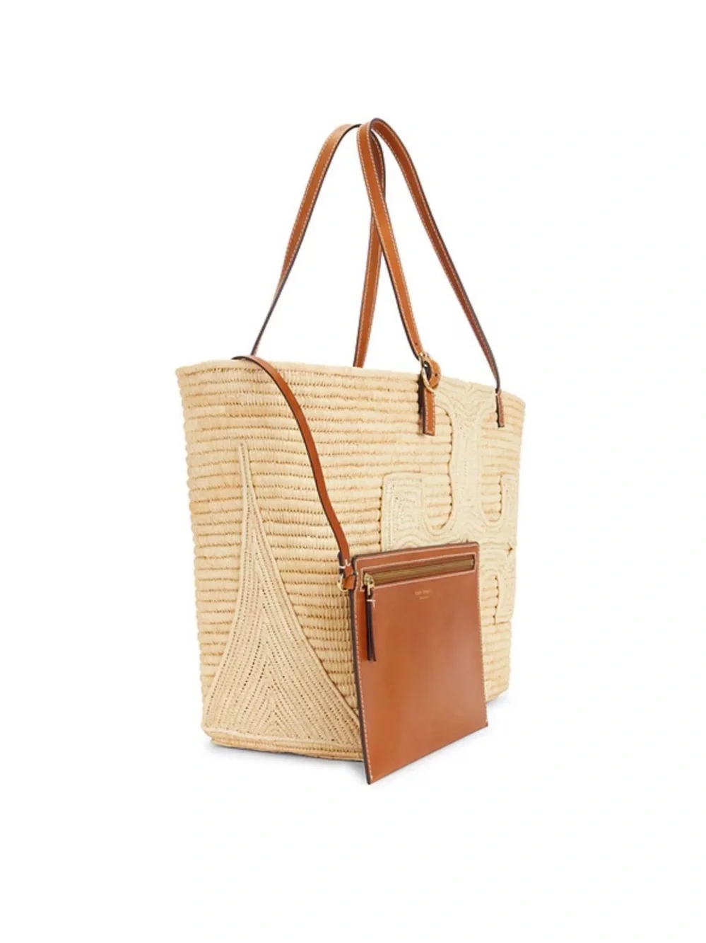 🤎 NWT Tory Burch Ella Structured Raffia Tote 👜 with Tan Leather Straps and Pouch